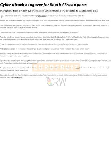 Cyber-attack hangover for South African ports