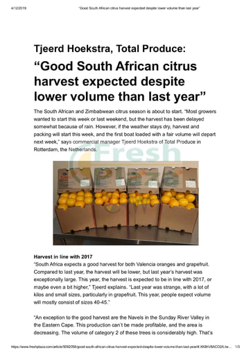 “Good South African citrus harvest expected despite lower volume than last year”