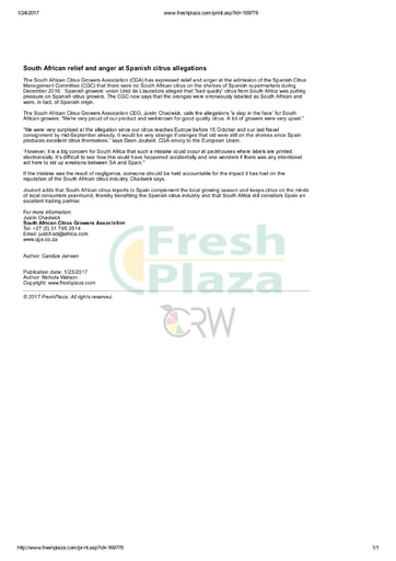 South African relief and anger at Spanish citrus allegations