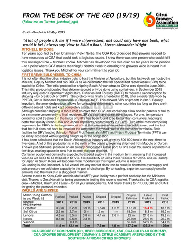 CGA - CEO Newsletter 19/2019 (10/05/19)