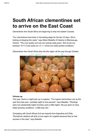 South African clementine's set to arrive on the East Coast