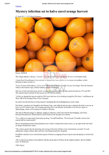 Mystery infection set to halve navel orange harvest