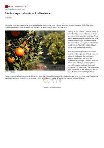 SA citrus exports close in on 2 million tonnes