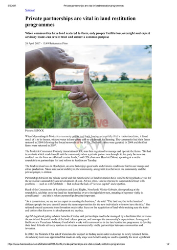 Private partnerships are vital in land restitution programmes