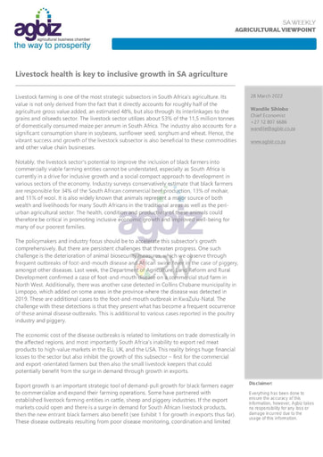 Livestock health is key to inclusive growth in SA agriculture