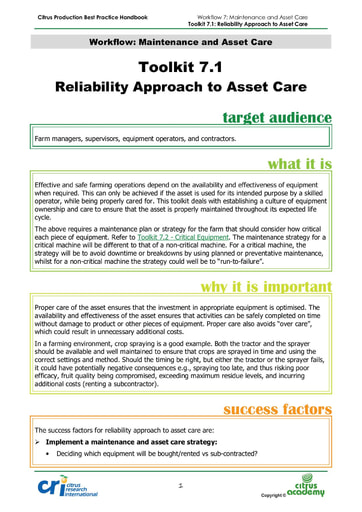Toolkit 7.1 - Reliability Approach to Asset Care