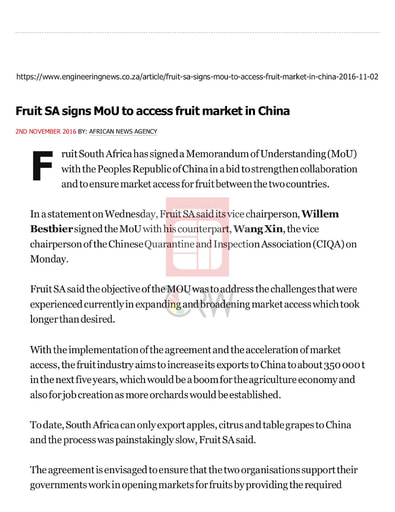 Fruit SA signs MoU to access fruit market in China