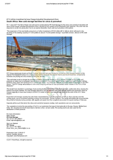 New cold storage facilities for citrus and pomefruit