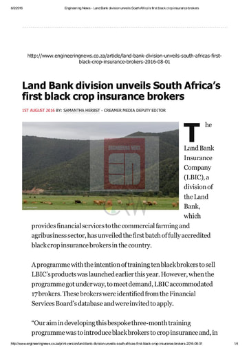 Land Bank division unveils South Africa's first black crop insurance brokers