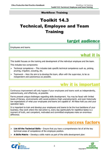 Toolkit 14.3 - Technical, Employee and Team Training