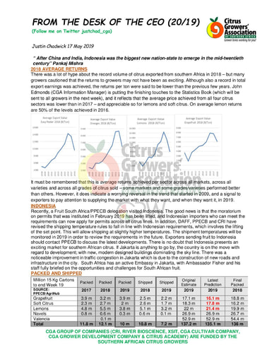 CGA - CEO Newsletter 20/2019 (17/05/19)
