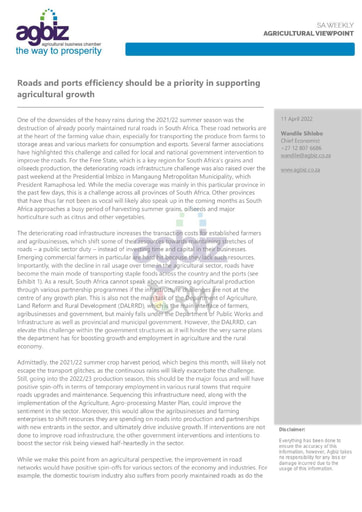 Roads and ports efficiency should be a priority in supporting agricultural growth