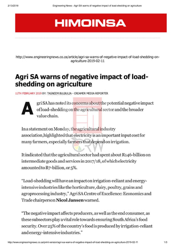 Agri SA warns of negative impact of load shedding on agriculture