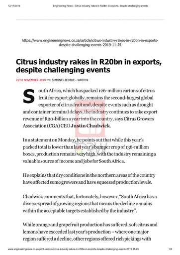 Citrus industry rakes in R20bn in exports despite challenging events