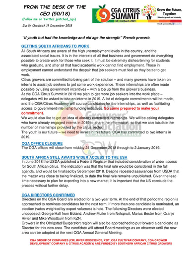 CGA - CEO Newsletter 50/2018 (14/12/18)