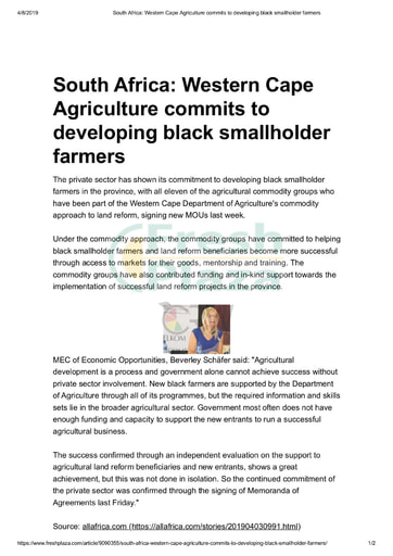Western Cape Agriculture commits to developing black smallholder farmers