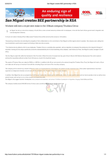 San Miguel creates BEE partnership in RSA
