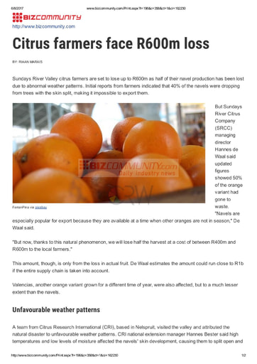 Citrus farmers face R600m loss